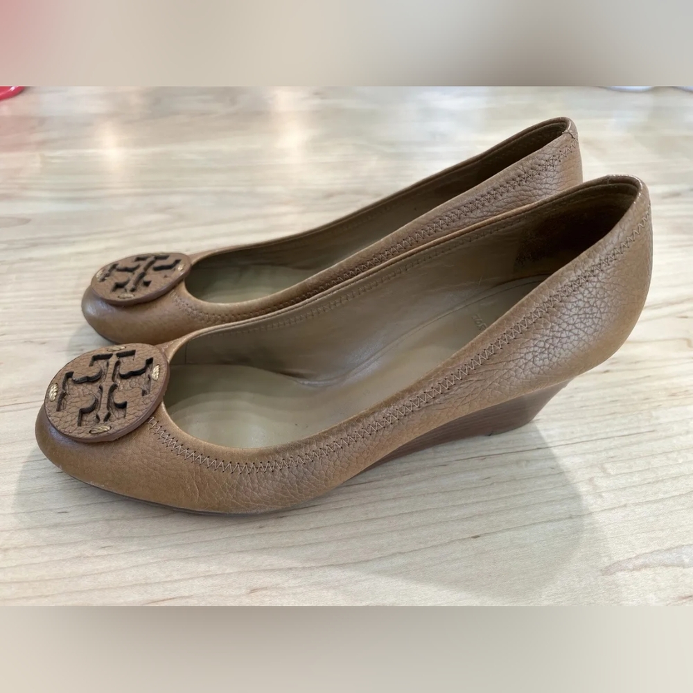 Womens TORY BURCH SALLY Tan Leather Wedge Heel Shoes Size 10.5